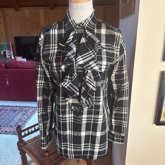 LAUREN RALPH LAUREN White and Black Plaid Ruffle Collar Shirt Blouse – M - Picture 3 of 11